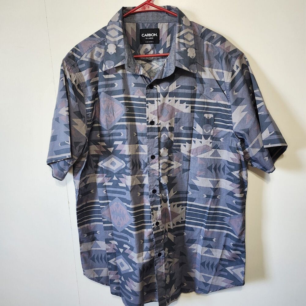 Carbon Men's XXL Collared Button Front Short Sleeve Aztec Southwestern Shirt
